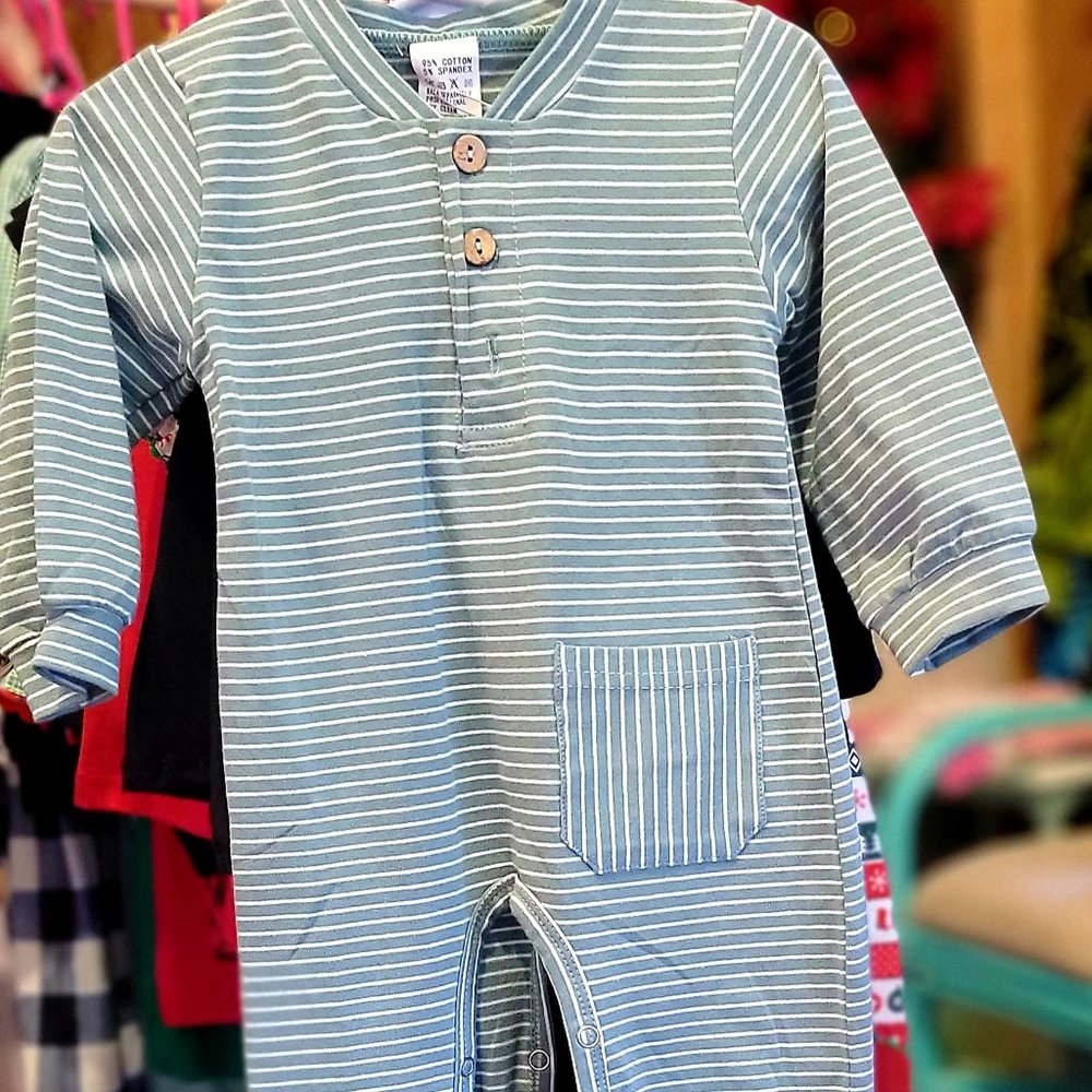 Green Stripe Pocket Baby Romper